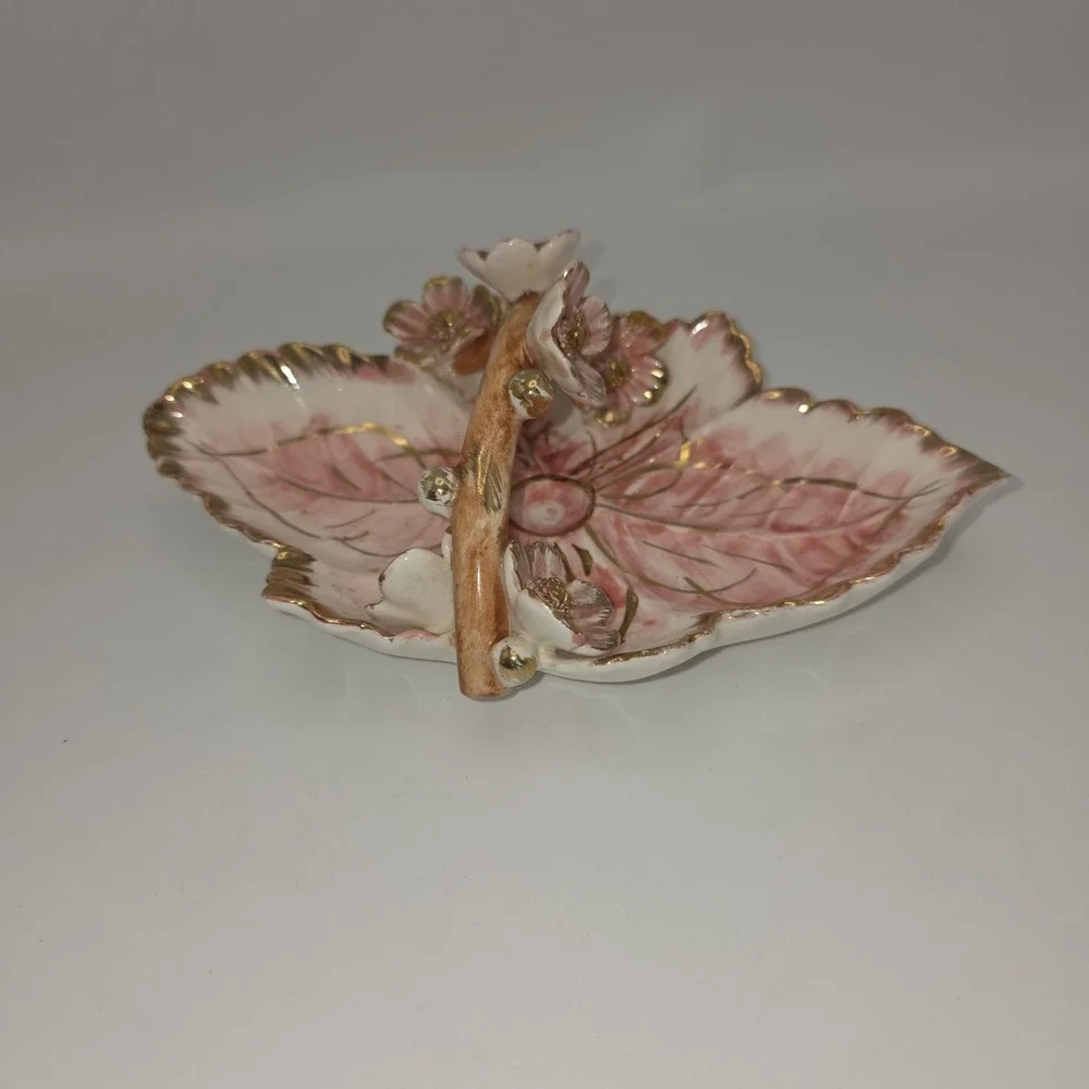 Vintage Italian Porcelain Pink Floral Gold Trimmed Trinket Dish